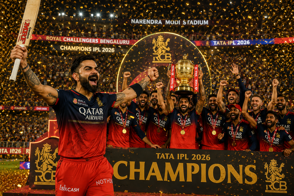 IPL 2026 फाइनल जीतने के बाद ट्रॉफी के साथ जश्न मनाते विराट कोहली और RCB टीम।