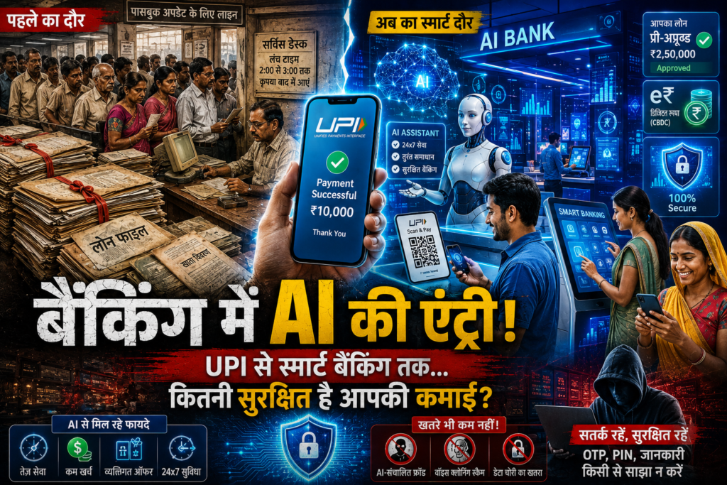 AI and Banking in India यूपीआई भुगतान, डिजिटल बैंकिंग, स्मार्ट स्क्रीन और साइबर सुरक्षा जोखिमों को दर्शाती समाचार फीचर्ड इमेज।