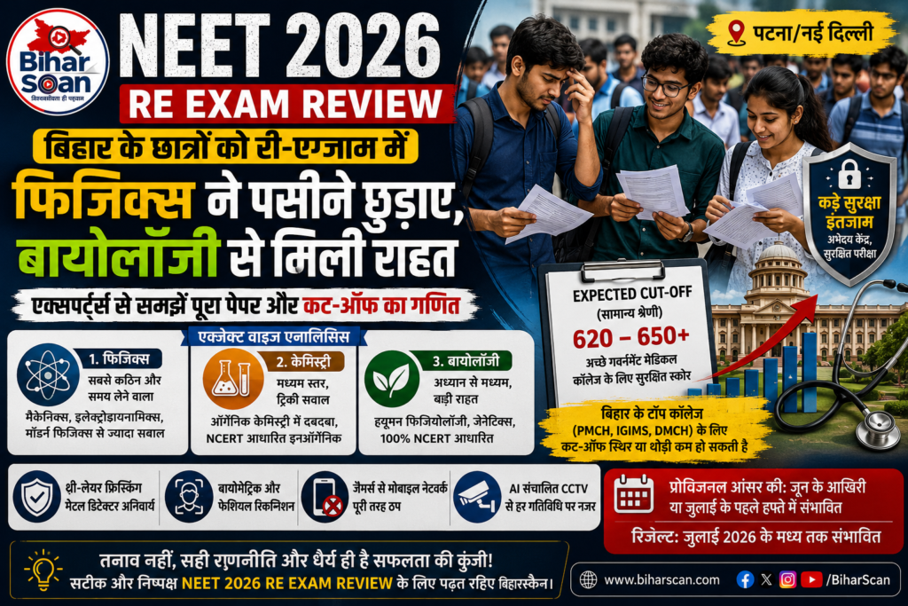 NEET 2026 Re-Exam Review: फिजिक्स ने छात्रों की बढ़ाई मुश्किलें, बायोलॉजी रही राहत का सहारा।