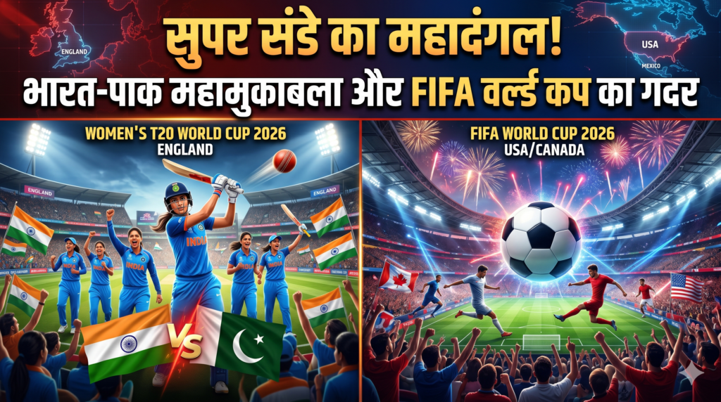 Women T20 World Cup 2026 में भारत-पाकिस्तान मुकाबले और FIFA World Cup 2026 के फुटबॉल मैचों को दर्शाती खेल समाचार फीचर्ड इमेज