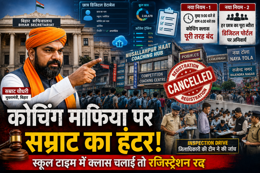 Bihar-Coaching-New-Rules सख्ती को दर्शाती तस्वीर, जिसमें मुख्यमंत्री सम्राट चौधरी, कोचिंग सेंटर, छात्र और सरकारी निरीक्षण का दृश्य दिखाया गया है।