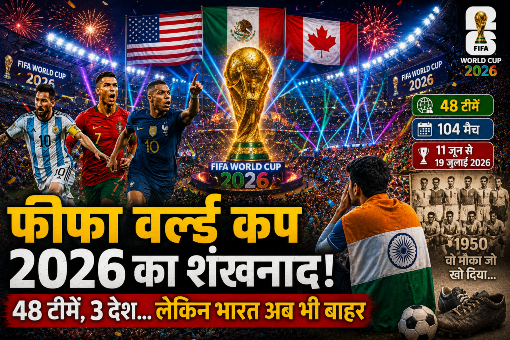FIFA World Cup 2026 के उद्घाटन समारोह, विश्व कप ट्रॉफी, तीन मेजबान देशों के झंडे और भारत की अनुपस्थिति को दर्शाती खेल समाचार तस्वीर।
