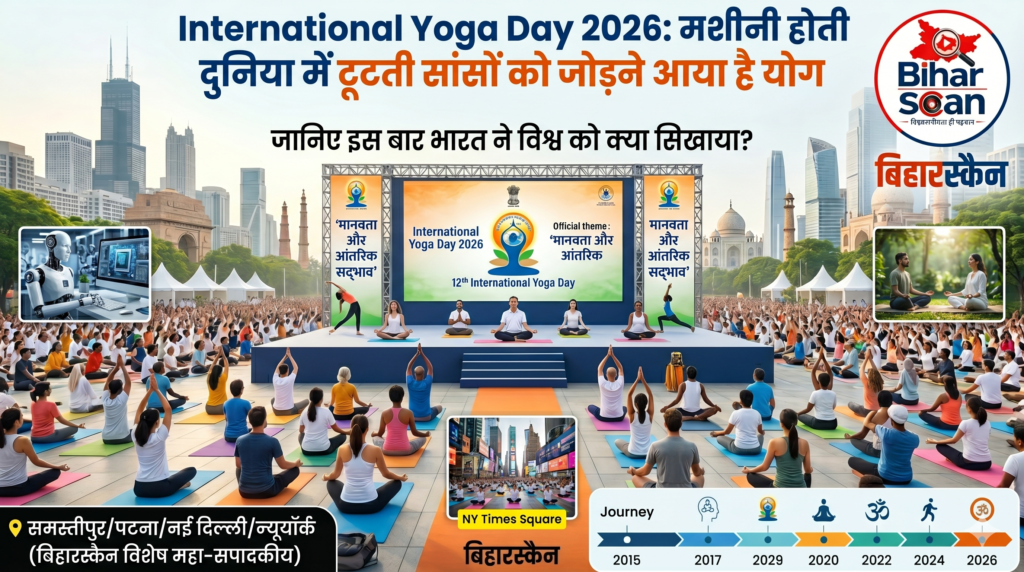 nternational Yoga Day 2026 global yoga event with thousands of people practicing yoga, world landmarks, AI technology and wellness theme on a large stage.