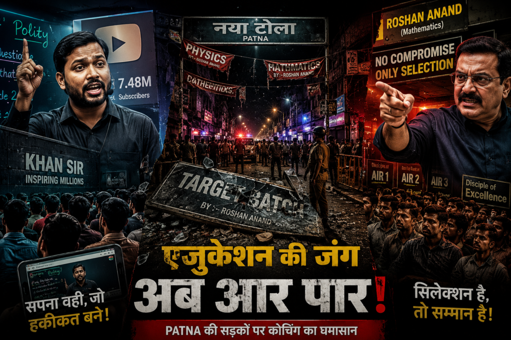 पटना का नया टोला इलाका, जहां कोचिंग संस्थानों की आपसी रंजिश के बाद भारी पुलिस बल तैनात है।