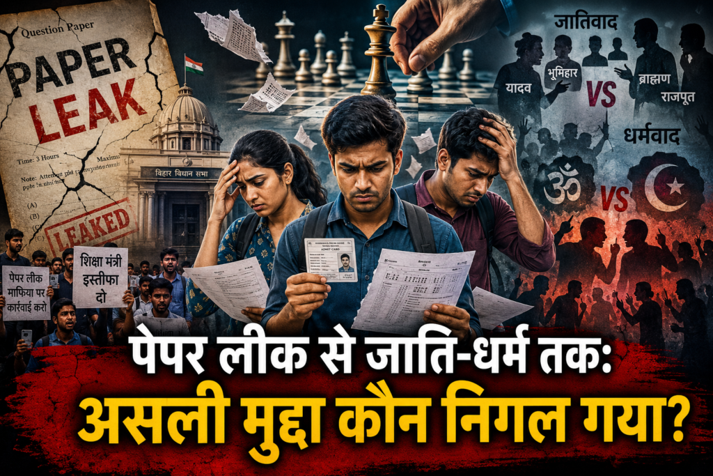 NEET Paper Leak Bihar विवाद को दर्शाती तस्वीर जिसमें चिंतित छात्र, फटा हुआ प्रश्नपत्र और राजनीतिक नैरेटिव का प्रतीकात्मक चित्रण दिखाया गया है।