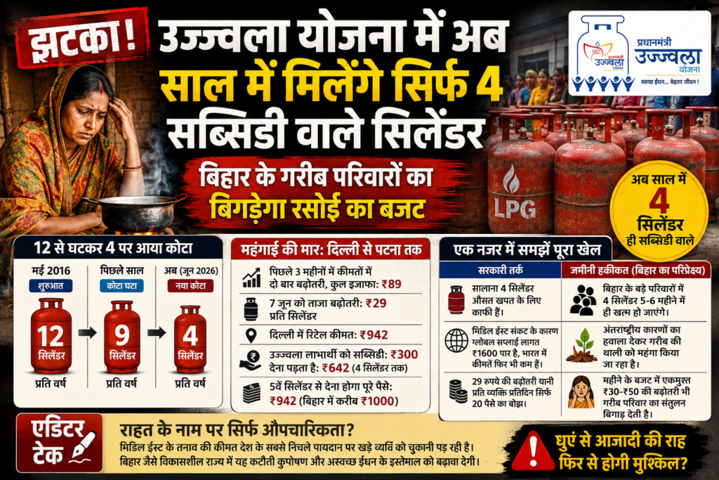 उज्ज्वला योजना एलपीजी सिलेंडर कोटा घटने के बाद गैस सिलेंडरों की कतार, चिंतित महिला और 4 सब्सिडी वाले सिलेंडर की जानकारी दिखाती ग्राफिक