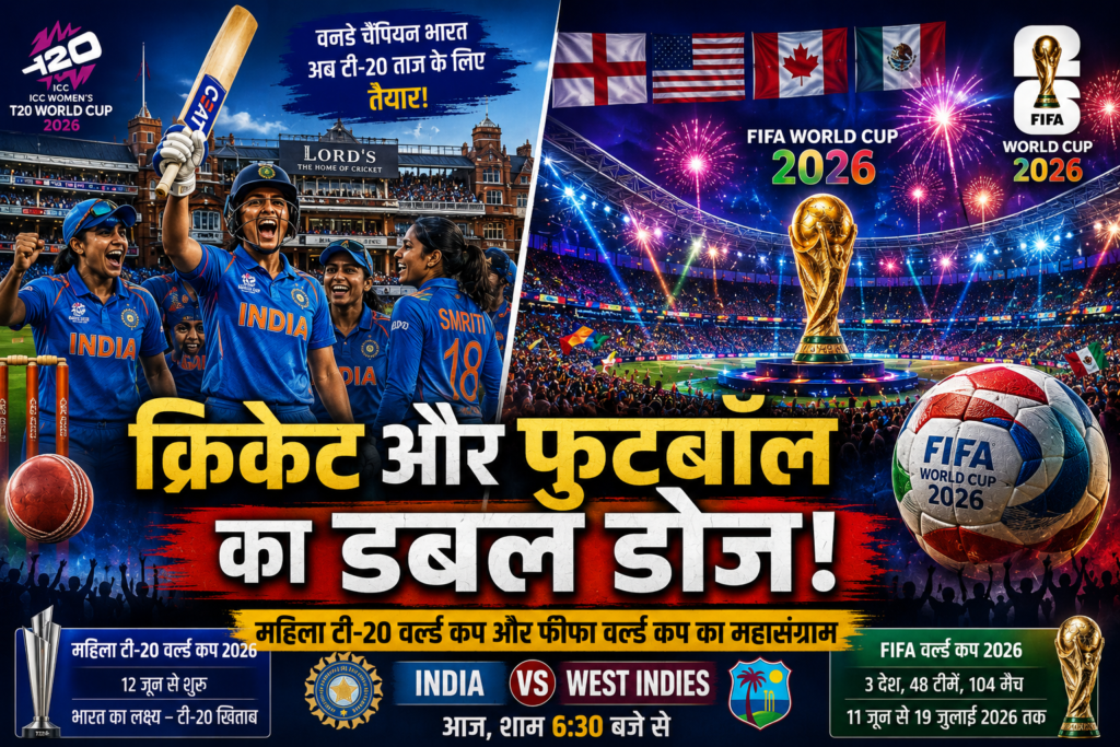 Women T20 World Cup 2026 में भारतीय महिला क्रिकेट टीम और FIFA World Cup 2026 के स्टेडियम को दर्शाती खेल समाचार फीचर्ड इमेज।