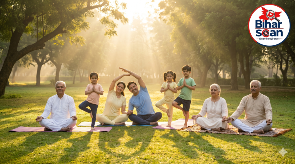 सुबह के शांत और ताजे वातावरण में एक साथ बैठकर Yogasana और ध्यान करते हुए एक भारतीय परिवार के बुजुर्ग, महिलाएं और बच्चे, जो पूरे परिवार के स्वास्थ्य और आपसी जुड़ाव को दर्शाता है।