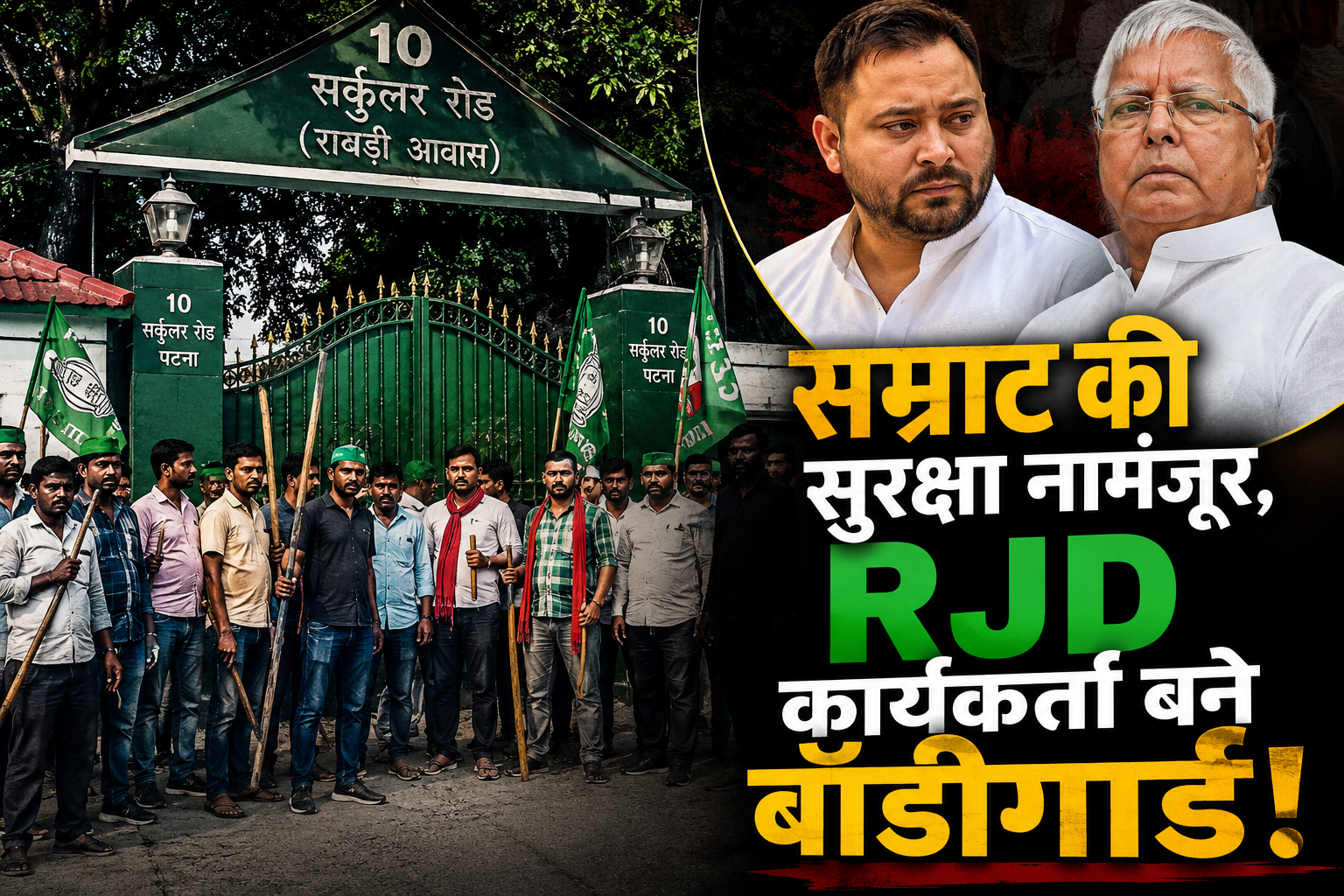 पटना स्थित 10 सर्कुलर रोड (राबड़ी आवास) के बाहर राजद कार्यकर्ता लाठी डंडों सहित सुरक्षा में डटे।