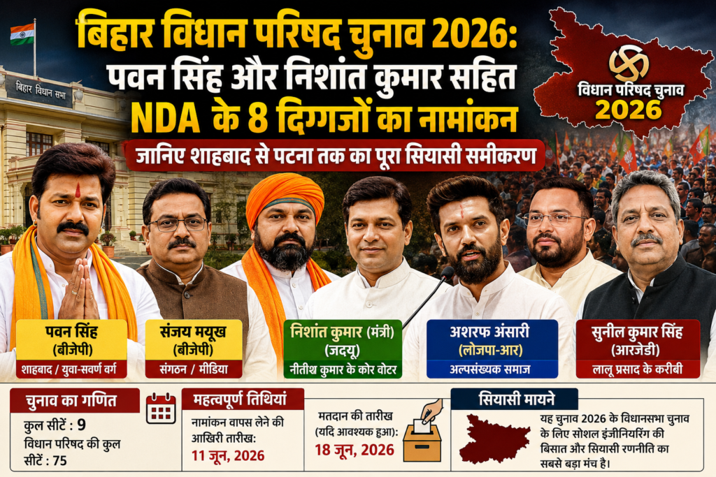 बिहार विधान परिषद चुनाव 2026 में NDA उम्मीदवारों के नामांकन के दौरान पवन सिंह, निशांत कुमार, अशरफ अंसारी और अन्य नेताओं की राजनीतिक ग्राफिक तस्वीर