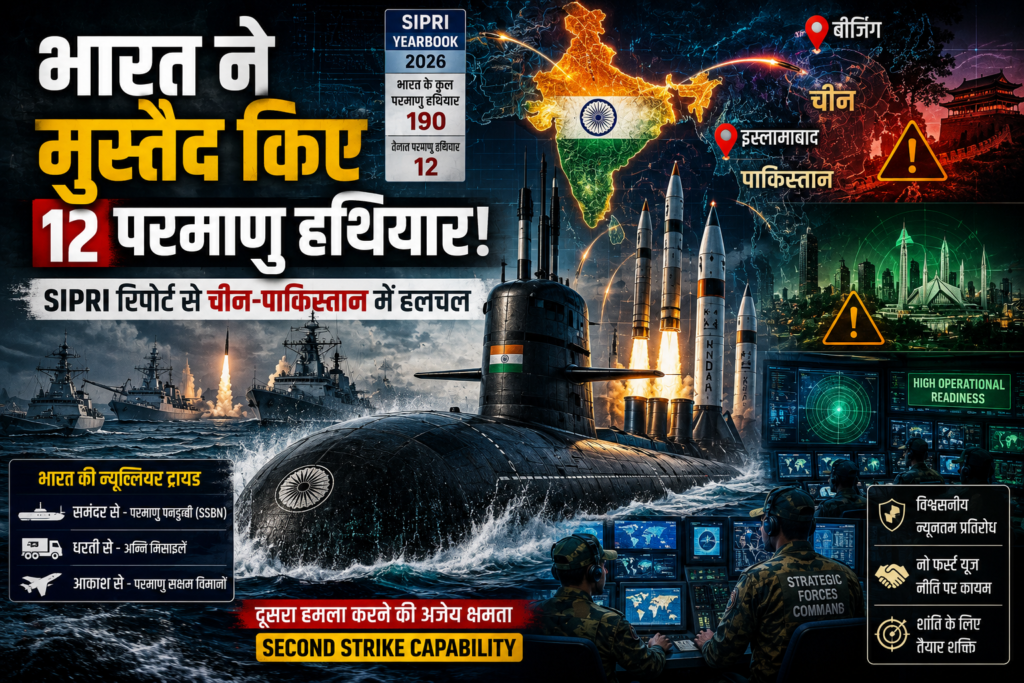 India Nuclear Warheads Deployment गहरे समुद्र में भारतीय परमाणु पनडुब्बी, मिसाइल प्रणाली और SIPRI रिपोर्ट के बाद भारत की परमाणु क्षमता को दर्शाती प्रतीकात्मक समाचार तस्वीर।