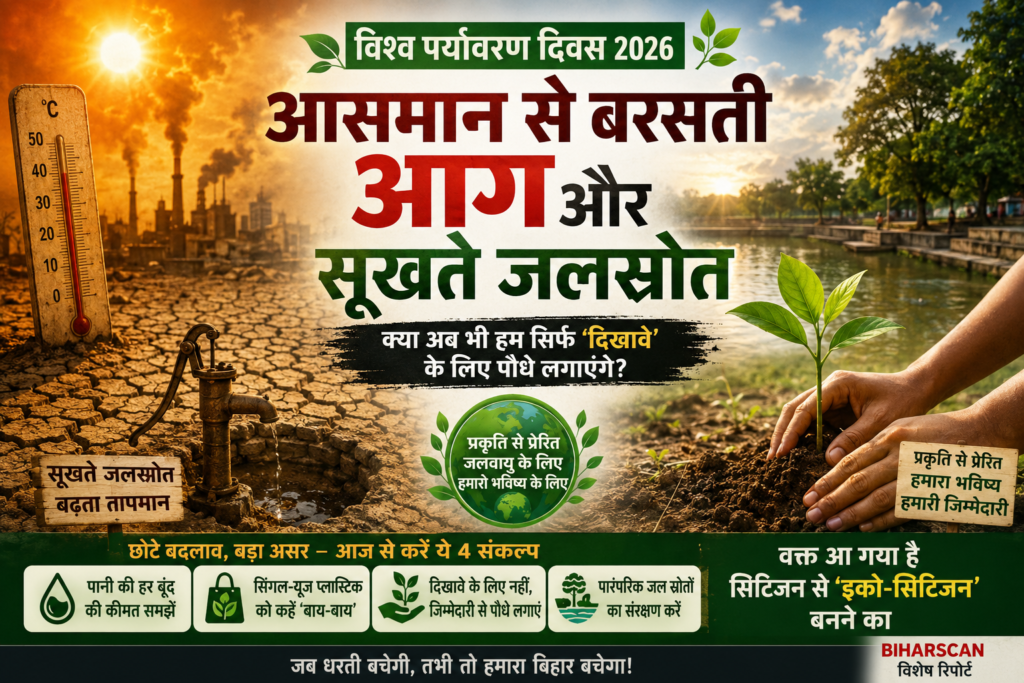 विश्व पर्यावरण दिवस 2026 पर सूखते जलस्रोत, बढ़ती गर्मी और पर्यावरण बचाने का संदेश देती प्रतीकात्मक तस्वीर।